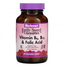 Bluebonnet Nutrition EarthSweet Витамины B-6 B-12 с фолиевой кислотой со вкусом малины 60 жевательных таблеток