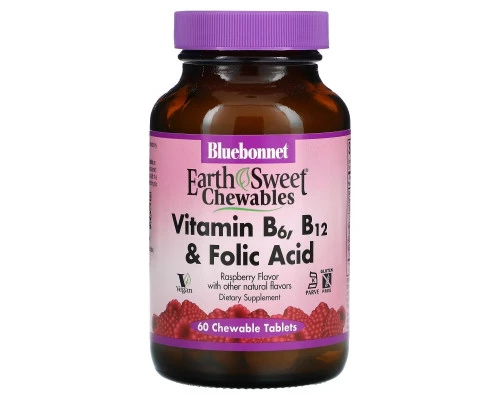 Bluebonnet Nutrition EarthSweet Витамины B-6 B-12 с фолиевой кислотой со вкусом малины 60 жевательных таблеток