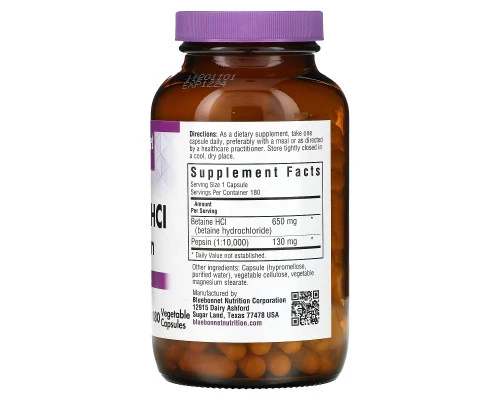 Bluebonnet Nutrition, Бетаин HCL и пепсин, 180 капсул в растительной оболочке Bluebonnet Nutrition, Бетаин HCL и пепсин, 180 капсул в растительной оболочке