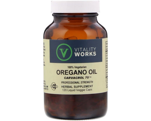 Vitality Works, Масло орегано, Карвакрол 70, 120 капсул